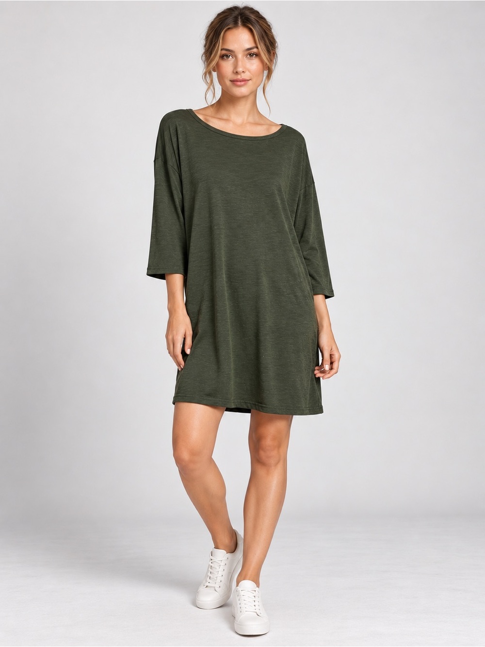 GAP Slub Knit T-Shirt Dress Medium Olive Green Black Moss 3/4 Sleeve Solid New
